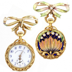 Womens Art Nouveau Enamel and Diamond Gold Brooch Watch CA1900s (See Video)